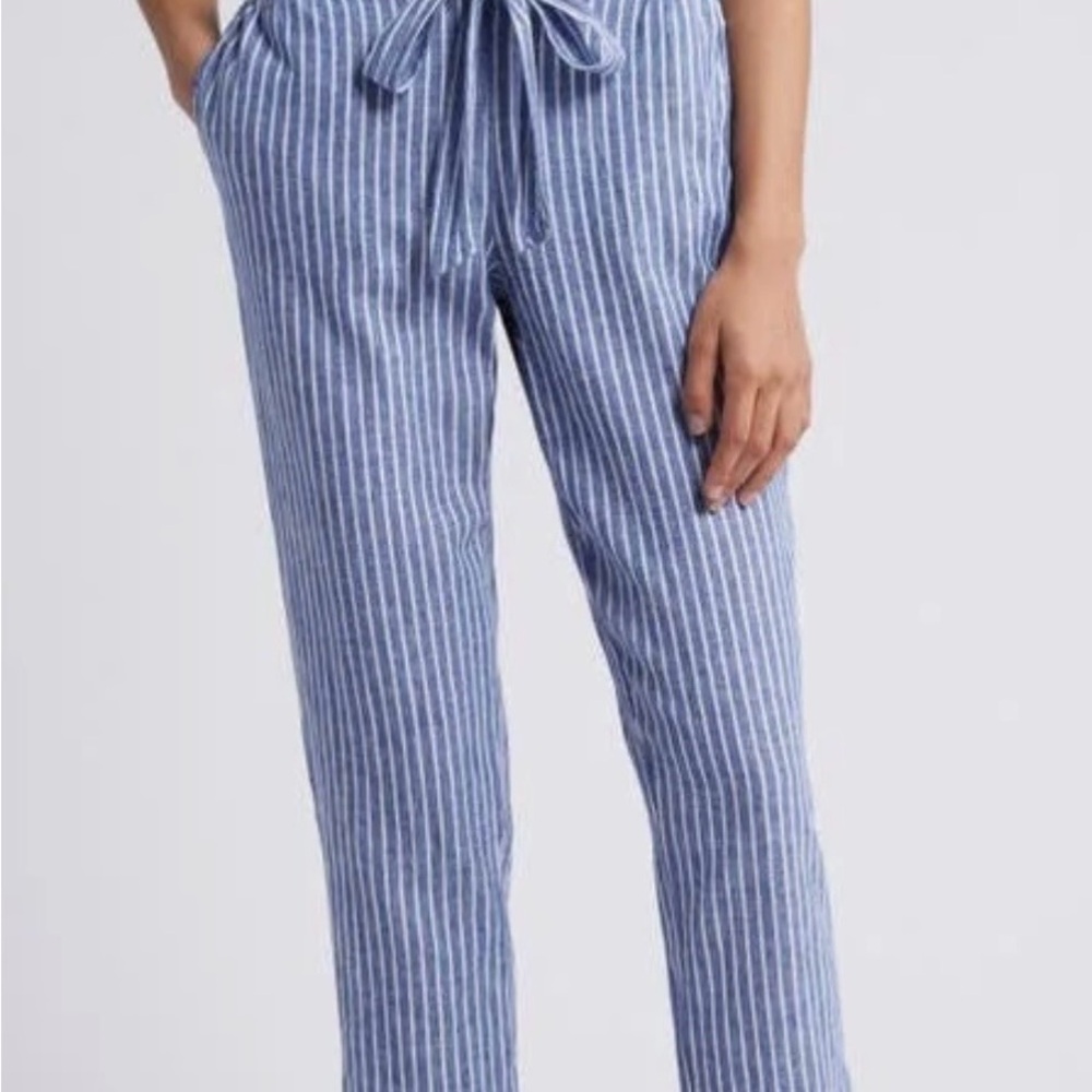 Beachlunchlounge Women's Size‎ Sp Blue/White Stripes Lines Pants Linen Blend